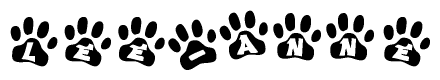 The image shows a series of animal paw prints arranged in a horizontal line. Each paw print contains a letter, and together they spell out the word Lee-anne.