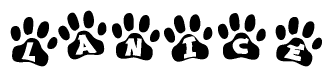 The image shows a series of animal paw prints arranged in a horizontal line. Each paw print contains a letter, and together they spell out the word Lanice.