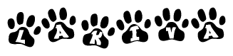The image shows a series of animal paw prints arranged horizontally. Within each paw print, there's a letter; together they spell Lakiva