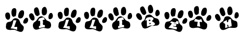 The image shows a row of animal paw prints, each containing a letter. The letters spell out the word Lillibeth within the paw prints.