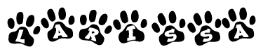 The image shows a row of animal paw prints, each containing a letter. The letters spell out the word Larissa within the paw prints.