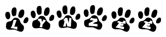 The image shows a series of animal paw prints arranged in a horizontal line. Each paw print contains a letter, and together they spell out the word Lynzee.