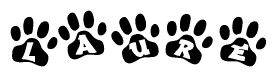 The image shows a series of animal paw prints arranged in a horizontal line. Each paw print contains a letter, and together they spell out the word Laure.