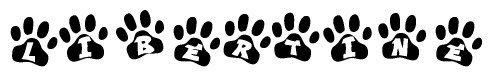The image shows a series of animal paw prints arranged horizontally. Within each paw print, there's a letter; together they spell Libertine