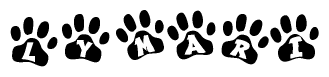 The image shows a row of animal paw prints, each containing a letter. The letters spell out the word Lymari within the paw prints.