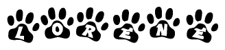 The image shows a series of animal paw prints arranged horizontally. Within each paw print, there's a letter; together they spell Lorene