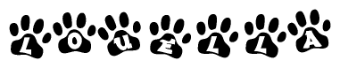 The image shows a series of animal paw prints arranged horizontally. Within each paw print, there's a letter; together they spell Louella