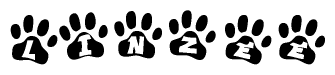 The image shows a series of animal paw prints arranged in a horizontal line. Each paw print contains a letter, and together they spell out the word Linzee.