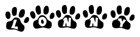The image shows a row of animal paw prints, each containing a letter. The letters spell out the word Lonny within the paw prints.