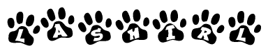 The image shows a series of animal paw prints arranged in a horizontal line. Each paw print contains a letter, and together they spell out the word Lashirl.