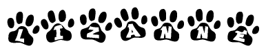 The image shows a series of animal paw prints arranged in a horizontal line. Each paw print contains a letter, and together they spell out the word Lizanne.