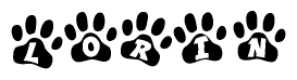 The image shows a series of animal paw prints arranged in a horizontal line. Each paw print contains a letter, and together they spell out the word Lorin.