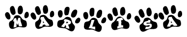 The image shows a row of animal paw prints, each containing a letter. The letters spell out the word Marlisa within the paw prints.