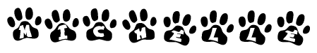 The image shows a row of animal paw prints, each containing a letter. The letters spell out the word Michelle within the paw prints.
