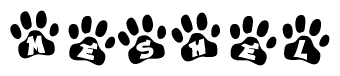 The image shows a row of animal paw prints, each containing a letter. The letters spell out the word Meshel within the paw prints.