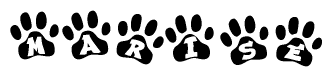 The image shows a row of animal paw prints, each containing a letter. The letters spell out the word Marise within the paw prints.