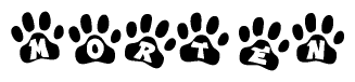 The image shows a row of animal paw prints, each containing a letter. The letters spell out the word Morten within the paw prints.