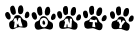 The image shows a series of animal paw prints arranged in a horizontal line. Each paw print contains a letter, and together they spell out the word Monty.