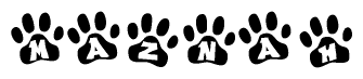 The image shows a row of animal paw prints, each containing a letter. The letters spell out the word Maznah within the paw prints.