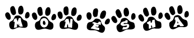 The image shows a row of animal paw prints, each containing a letter. The letters spell out the word Monesha within the paw prints.