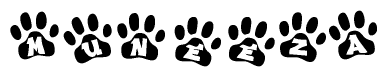 The image shows a row of animal paw prints, each containing a letter. The letters spell out the word Muneeza within the paw prints.