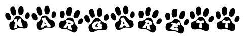 The image shows a row of animal paw prints, each containing a letter. The letters spell out the word Margarett within the paw prints.