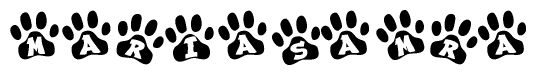 The image shows a series of animal paw prints arranged in a horizontal line. Each paw print contains a letter, and together they spell out the word Mariasamra.