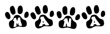 The image shows a series of animal paw prints arranged horizontally. Within each paw print, there's a letter; together they spell Mana