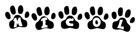 The image shows a series of animal paw prints arranged in a horizontal line. Each paw print contains a letter, and together they spell out the word Micol.
