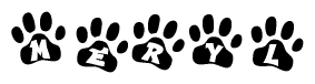 The image shows a row of animal paw prints, each containing a letter. The letters spell out the word Meryl within the paw prints.