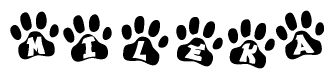 The image shows a row of animal paw prints, each containing a letter. The letters spell out the word Mileka within the paw prints.