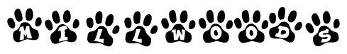 The image shows a series of animal paw prints arranged horizontally. Within each paw print, there's a letter; together they spell Millwoods
