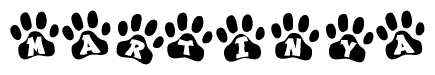 The image shows a row of animal paw prints, each containing a letter. The letters spell out the word Martinya within the paw prints.