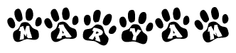 The image shows a series of animal paw prints arranged in a horizontal line. Each paw print contains a letter, and together they spell out the word Maryam.