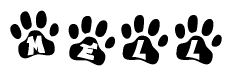 The image shows a row of animal paw prints, each containing a letter. The letters spell out the word Mell within the paw prints.