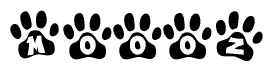 The image shows a row of animal paw prints, each containing a letter. The letters spell out the word Moooz within the paw prints.