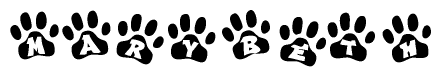 The image shows a row of animal paw prints, each containing a letter. The letters spell out the word Marybeth within the paw prints.