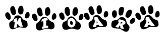The image shows a row of animal paw prints, each containing a letter. The letters spell out the word Mioara within the paw prints.