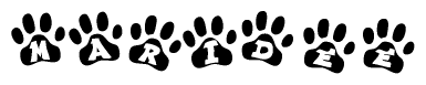 The image shows a row of animal paw prints, each containing a letter. The letters spell out the word Maridee within the paw prints.