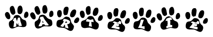 The image shows a series of animal paw prints arranged horizontally. Within each paw print, there's a letter; together they spell Martelie