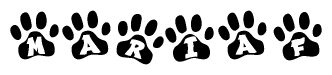 The image shows a series of animal paw prints arranged in a horizontal line. Each paw print contains a letter, and together they spell out the word Mariaf.