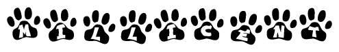 The image shows a series of animal paw prints arranged horizontally. Within each paw print, there's a letter; together they spell Millicent