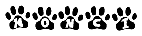The image shows a series of animal paw prints arranged in a horizontal line. Each paw print contains a letter, and together they spell out the word Monci.