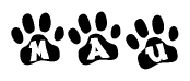 The image shows a series of animal paw prints arranged horizontally. Within each paw print, there's a letter; together they spell Mau