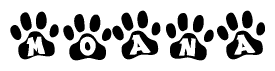 The image shows a series of animal paw prints arranged in a horizontal line. Each paw print contains a letter, and together they spell out the word Moana.