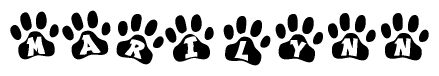 The image shows a row of animal paw prints, each containing a letter. The letters spell out the word Marilynn within the paw prints.
