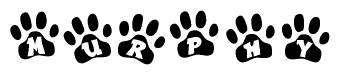 The image shows a series of animal paw prints arranged horizontally. Within each paw print, there's a letter; together they spell Murphy