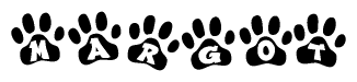 The image shows a row of animal paw prints, each containing a letter. The letters spell out the word Margot within the paw prints.