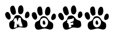 The image shows a row of animal paw prints, each containing a letter. The letters spell out the word Mofo within the paw prints.