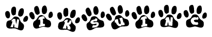 The image shows a series of animal paw prints arranged in a horizontal line. Each paw print contains a letter, and together they spell out the word Niksuinc.